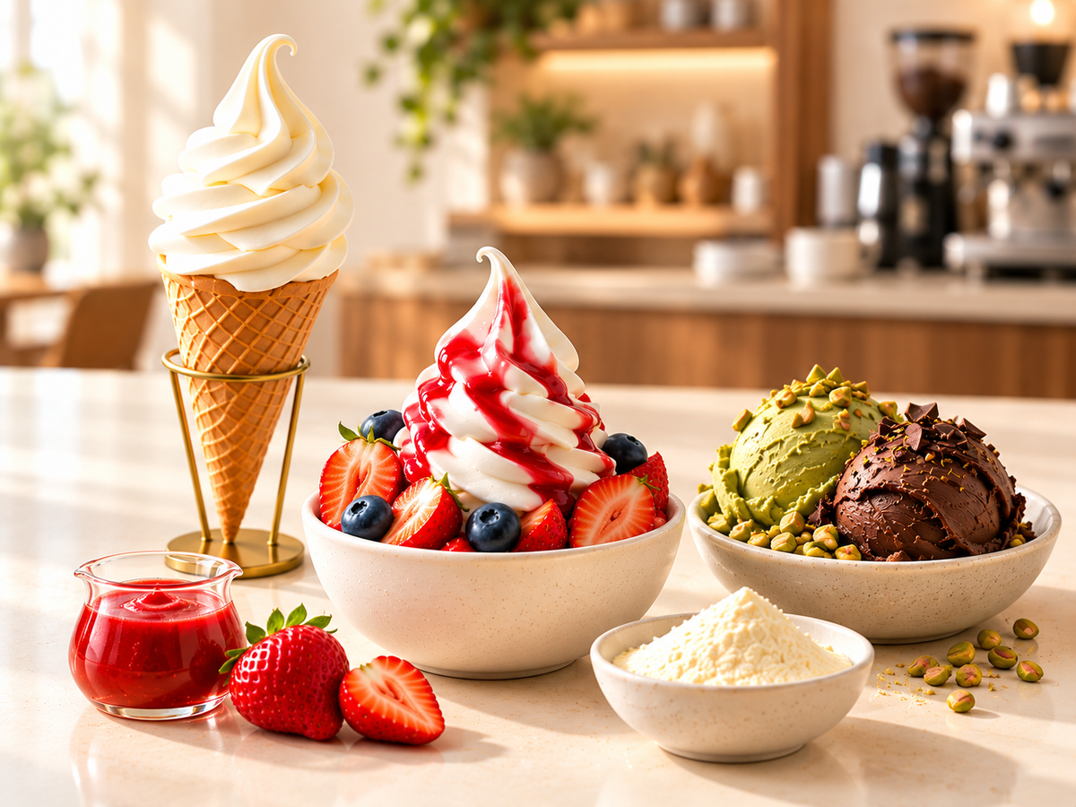 Soft serve ice cream, frozen yogurt with strawberry drizzle, and gelato serving inspiration.