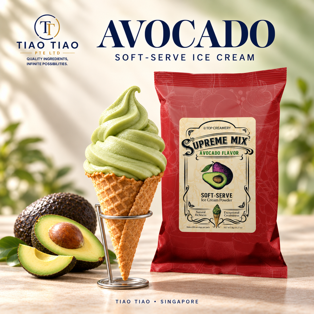 Avocado soft-serve in a waffle cone with the Supreme Mix Avocado pack — Tiao Tiao serving suggestion.