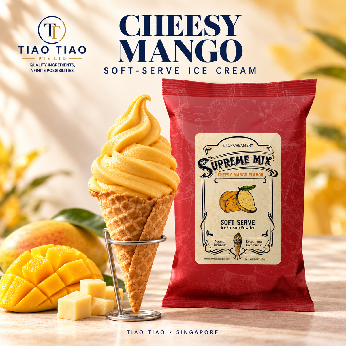 Cheesy mango soft-serve in a waffle cone with the Supreme Mix Cheesy Mango pack — Tiao Tiao serving suggestion.