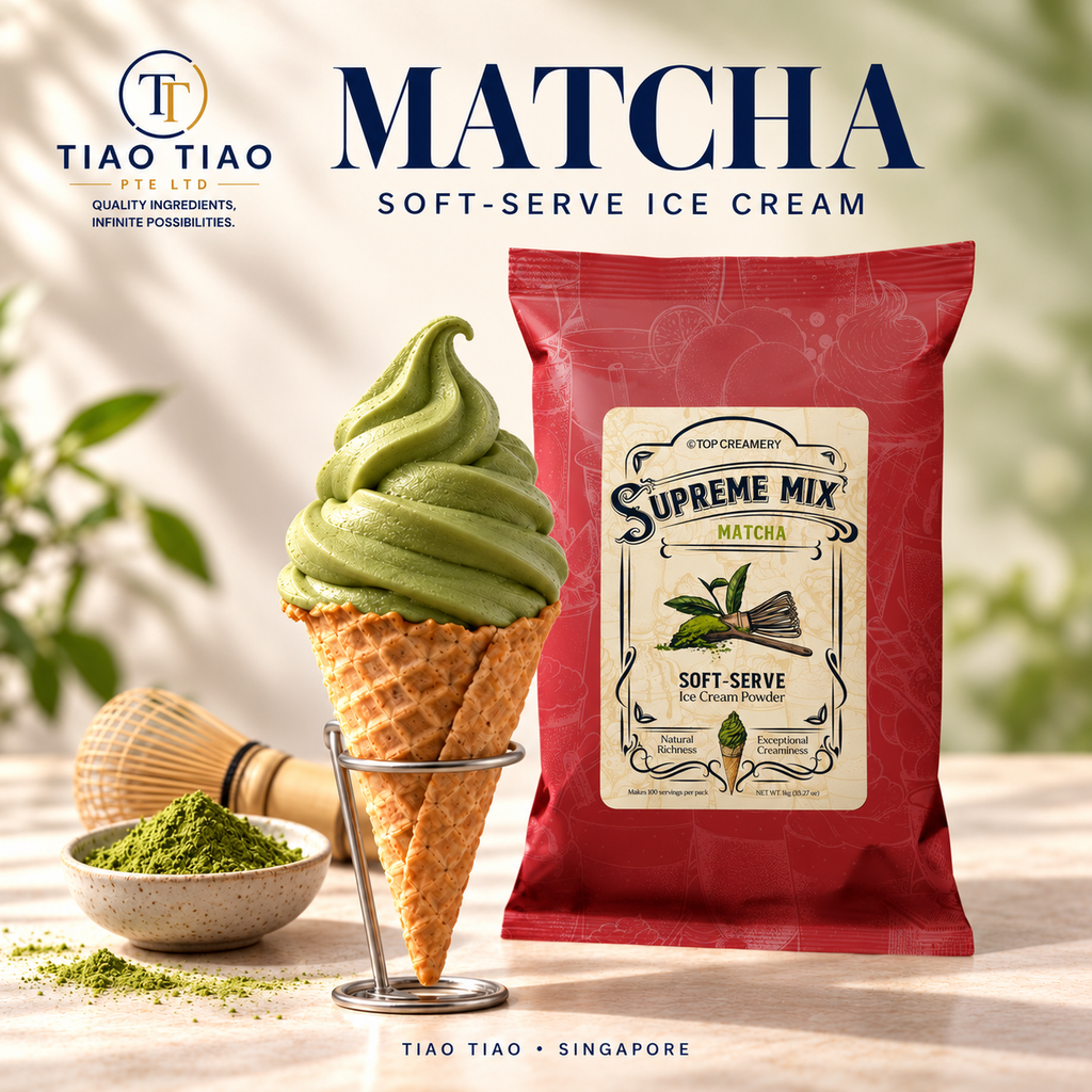 Matcha soft-serve in a waffle cone with the Supreme Mix Matcha pack — Tiao Tiao serving suggestion.