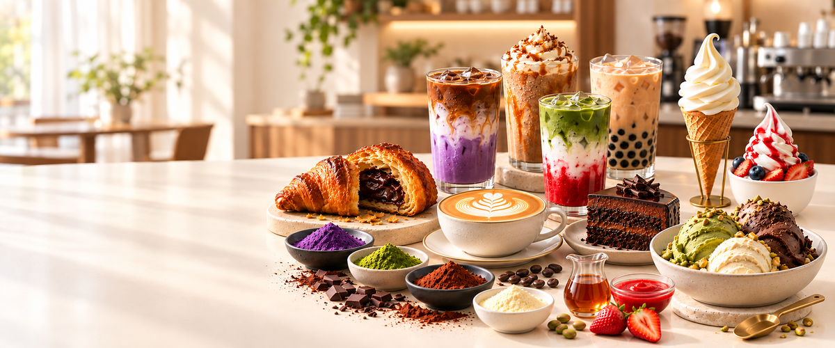 Dirty ube latte, strawberry matcha latte and hot coffee serving inspiration.